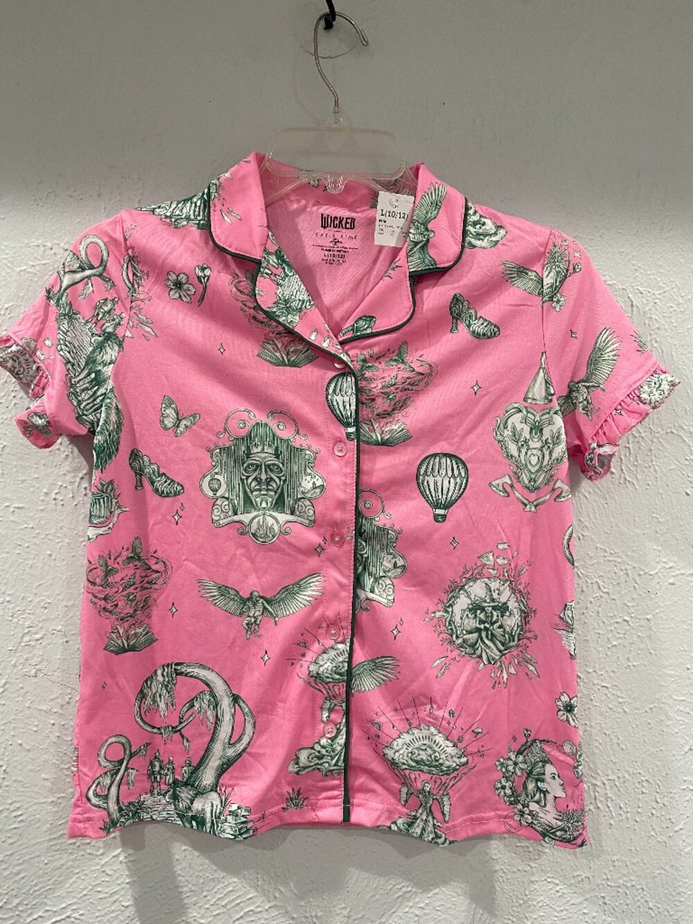 Wicked, NWT, Katie Kime, girl's size 10/12, L, pink and green pj top w/buttons
